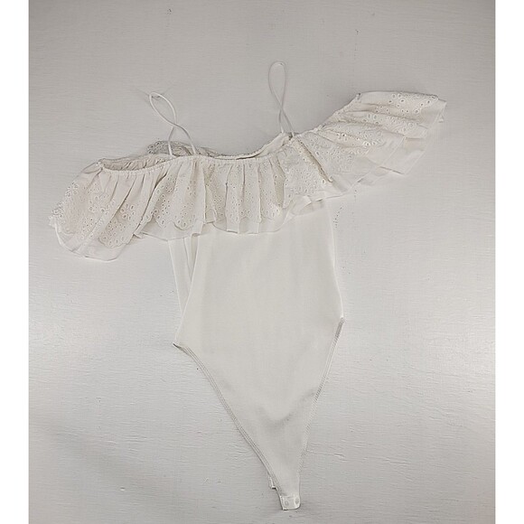 Zara Medium | White Babydoll Bodysuit Ruffle Ribbed Off Shoulder Soft Girl Solid - Picture 4 of 5